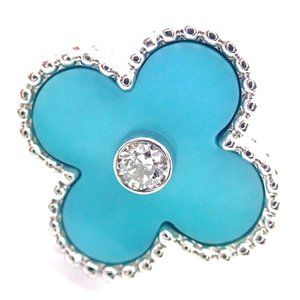 Authentic! Van Cleef & Arpels Alhambra 18k White Gold Diamond Turquoise Ring